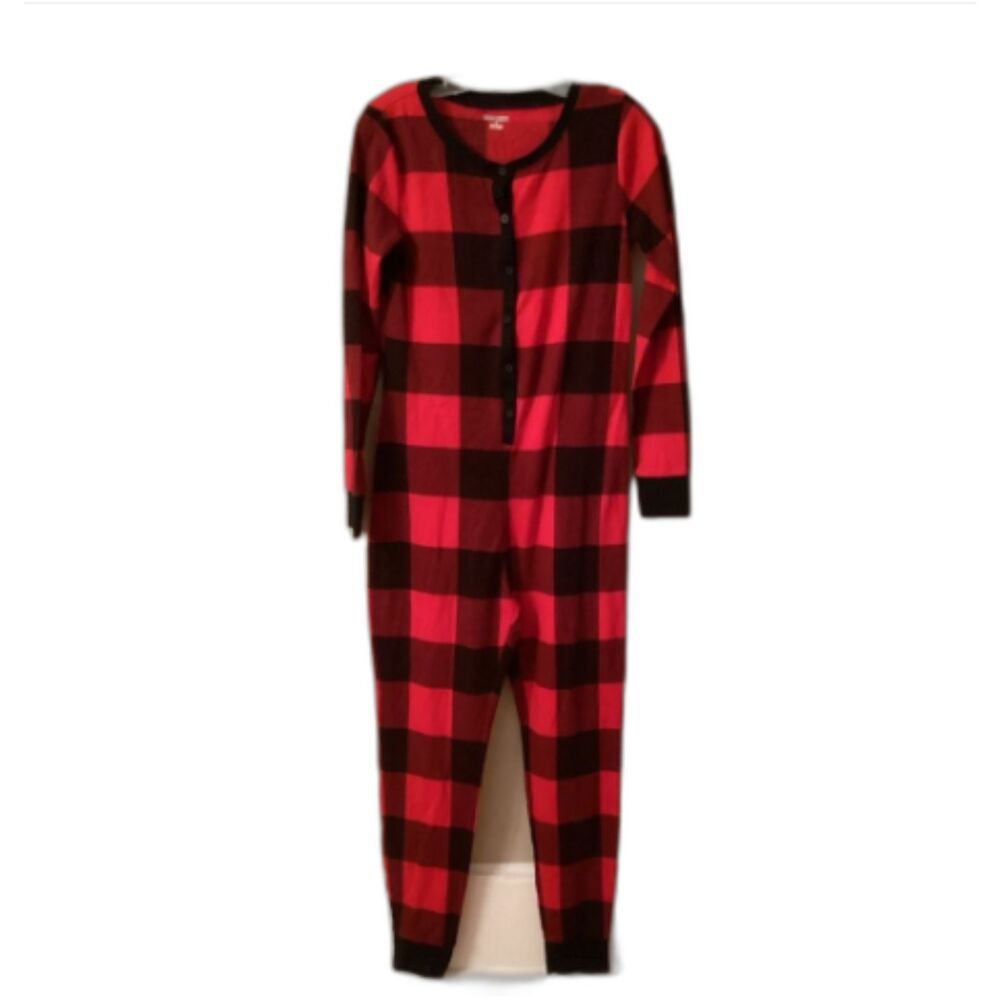 Old Navy Size medium thermal one piece red buffalo plaid Xmas pajamas